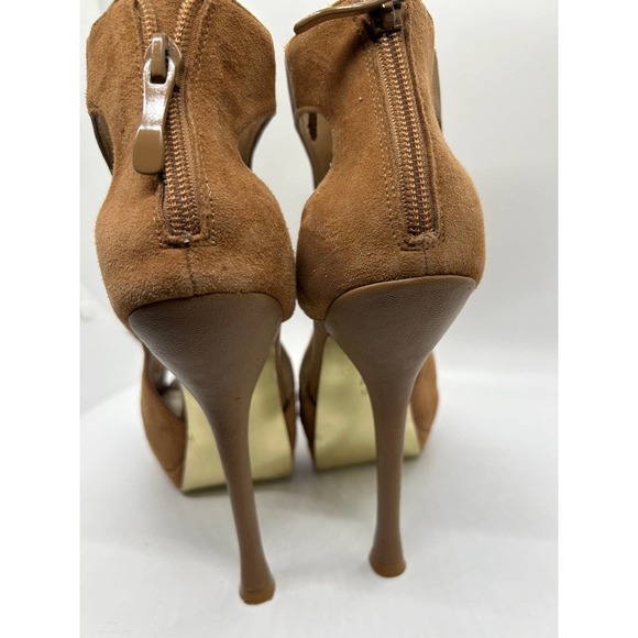 Bebe Size 8M Ultra High Suede Tan Heels with Strappy Design on Foot - Picture 7 of 9